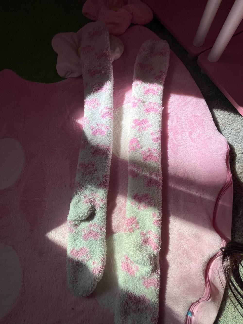White and pink thigh high paw print socks